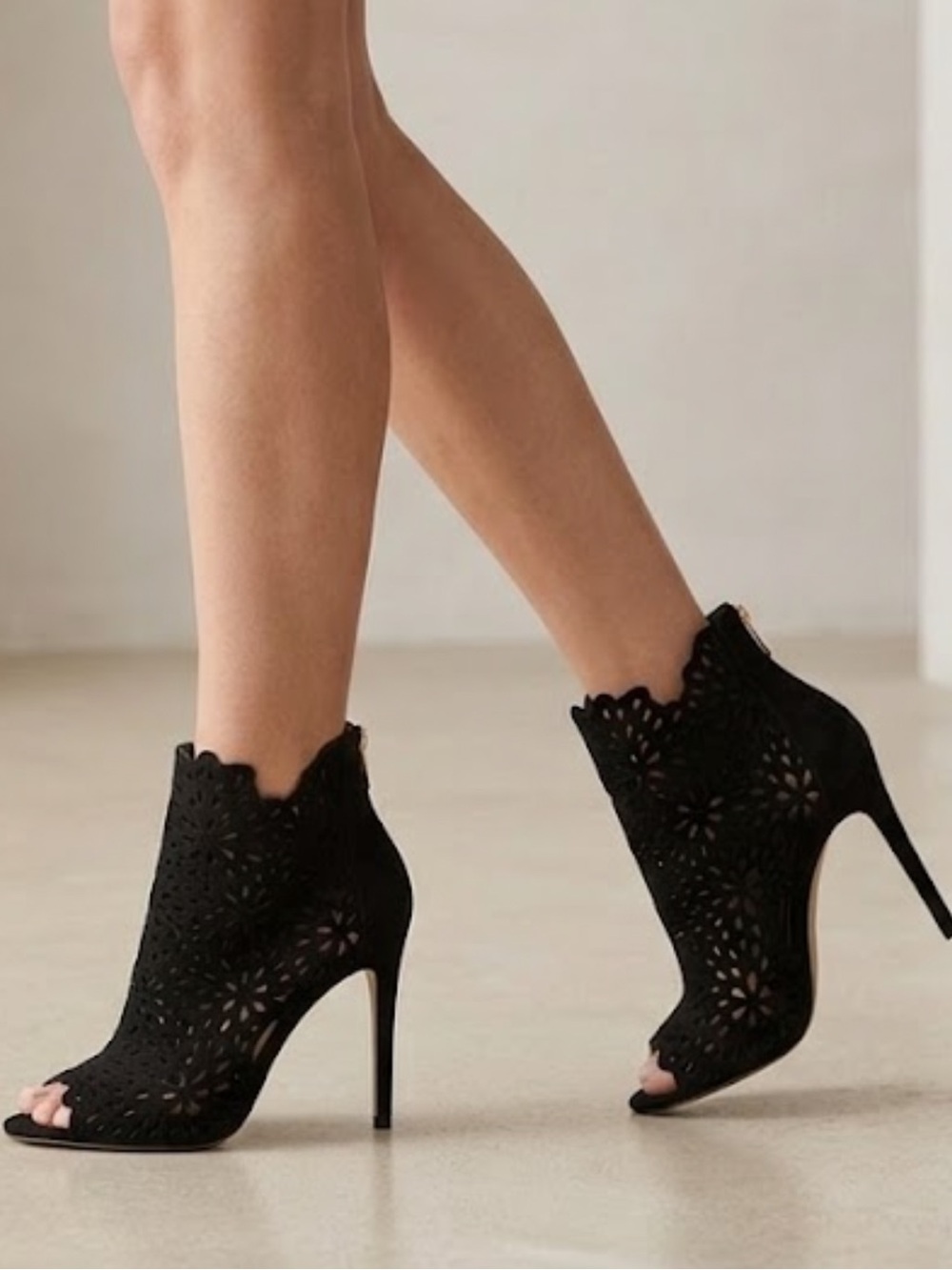 Black Laser-Cut Peep-Toe Stiletto Ankle Booties